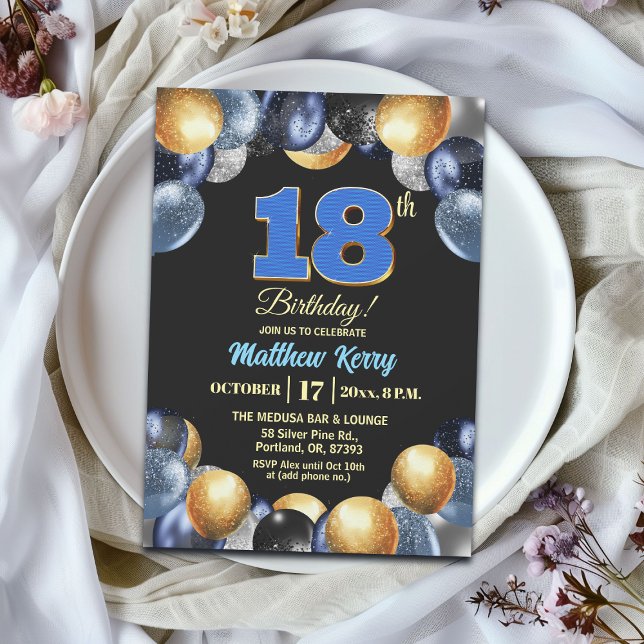 Convites Elegant Blue Silver Gold 18th Birthday Party (Criador carregado)