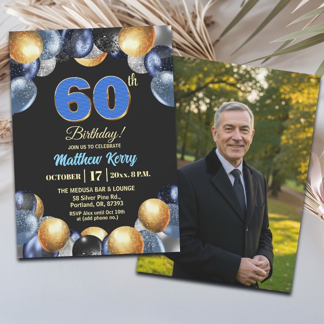 Convites Elegant Blue Silver Gold 60th Birthday Photo (Criador carregado)