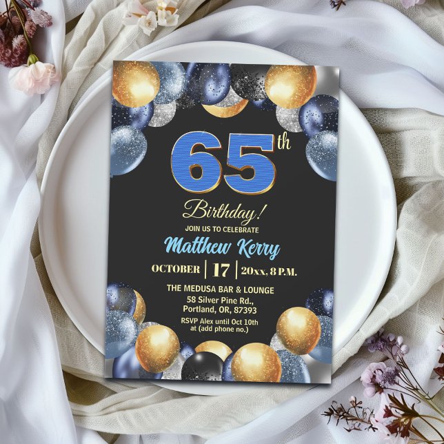 Convites Elegant Blue Silver Gold 65th Birthday Party (Criador carregado)