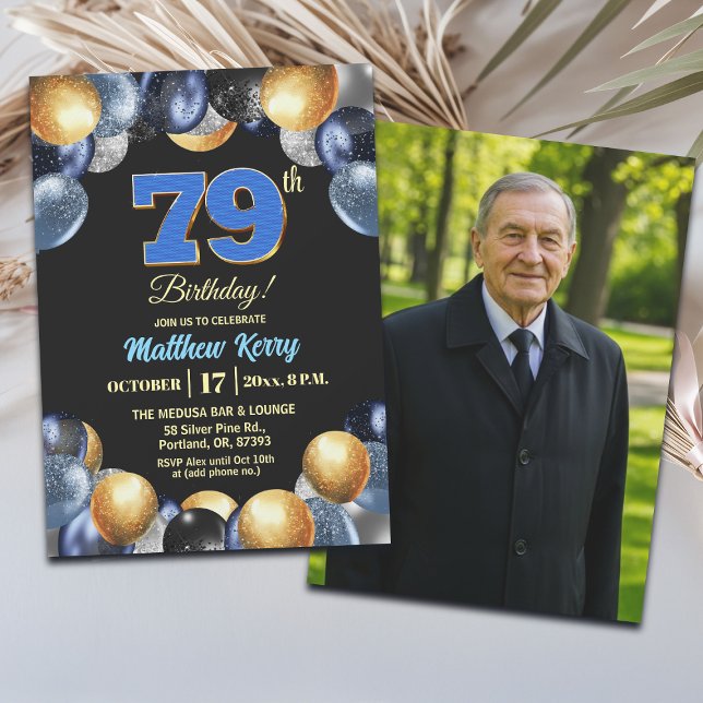Convites Elegant Blue Silver Gold 79th Birthday Photo (Criador carregado)