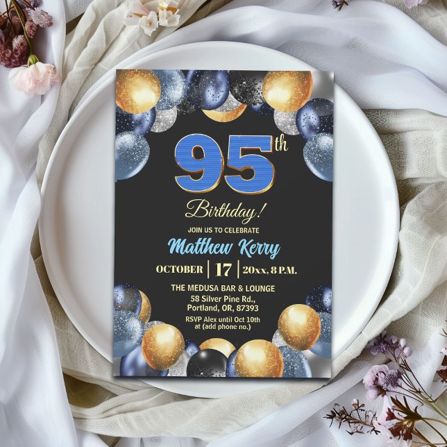 Convites Elegant Blue Silver Gold 95th Birthday Party (Criador carregado)