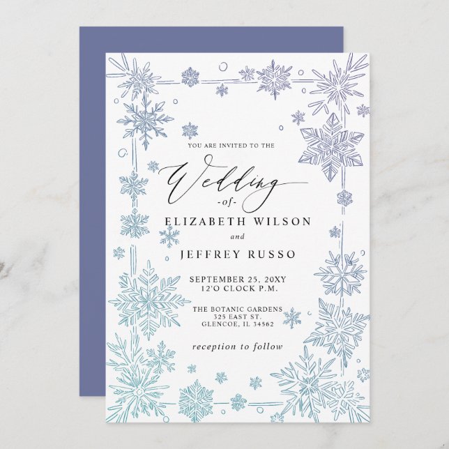 Convites Elegant Blue snowflakes Winter Wedding (Frente/Verso)