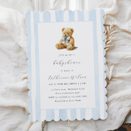 Convites Elegant Blue Stripes Teddy Bear Baby Shower 