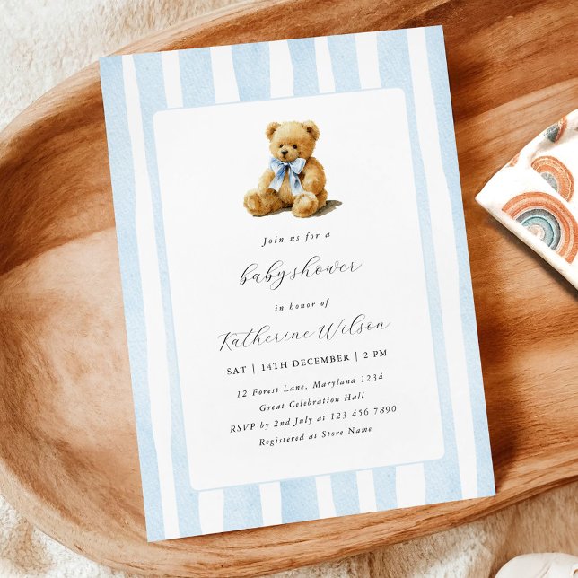 Convites Elegant Blue Stripes Teddy Bear Baby Shower  (Criador carregado)