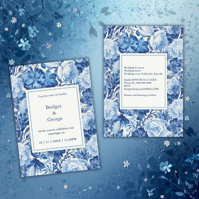 Convites Elegant Blue Toile Floral Chinoiserie Wedding (Criador carregado)