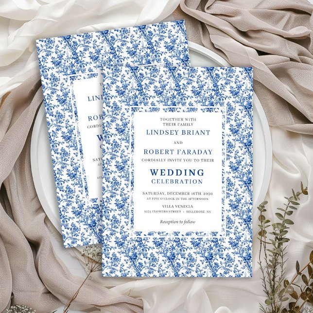 Convites Elegant Blue Toile Floral Classic Wedding Invites (Elegant Blue Toile Floral Classic Wedding Invitation)