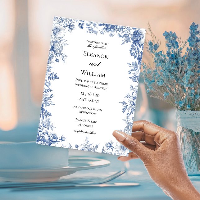 Convites Elegant Blue Toile Floral Wedding (Criador carregado)