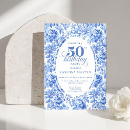 Convites Elegant Blue Toile Rose 50th Birthday Invitation