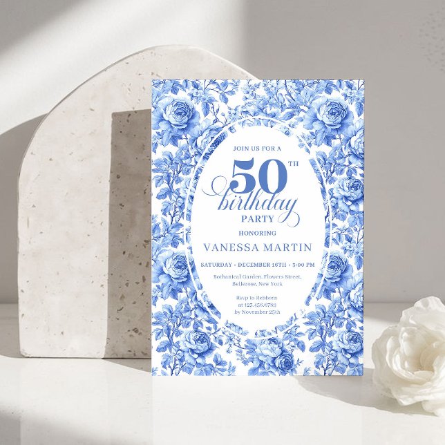Convites Elegant Blue Toile Rose 50th Birthday Invitation (Elegant Blue Toile Rose 50th Birthday Invitation)