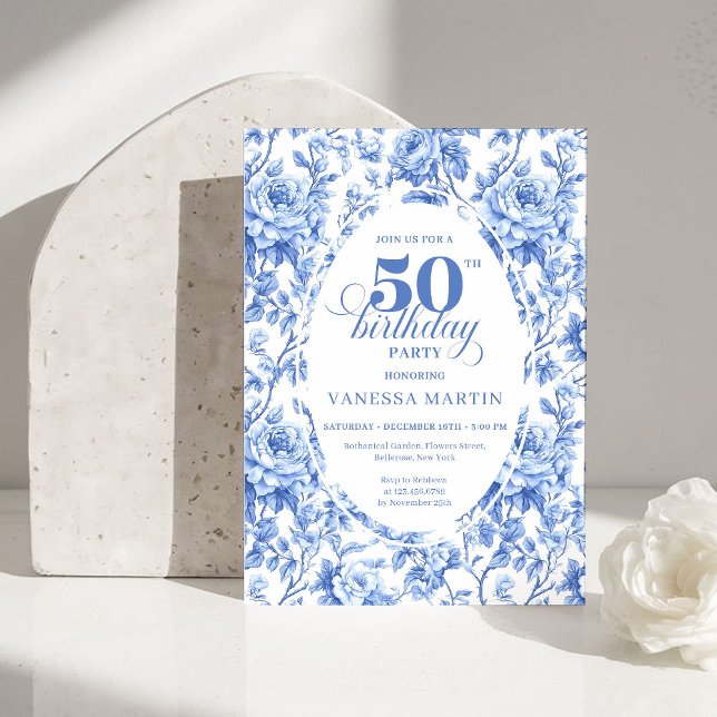 Convites Elegant Blue Toile Rose Floral 50th Birthday Invit (Elegant Blue Toile Rose Floral 50th Birthday Invitation)