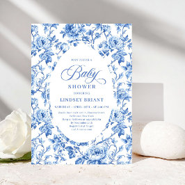Convites Elegant Blue Toile Rose Floral Baby Shower Invite