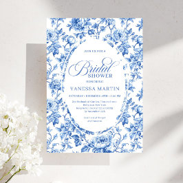 Convites Elegant Blue Toile Rose Floral Bridal Shower Invit