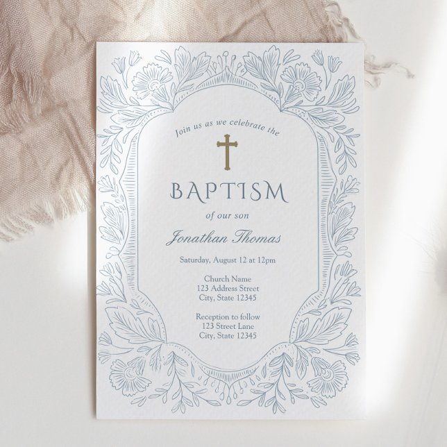Convites Elegant Blue Traditional Baptism Invitation (Criador carregado)