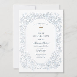 Convites Elegant Blue Traditional First Communion 