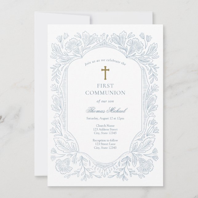 Convites Elegant Blue Traditional First Communion  (Frente)