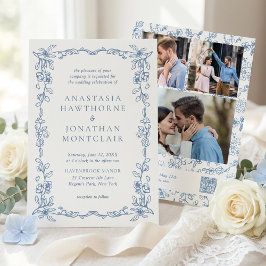 Convites Elegant Blue Victorian Photo QR Code RSVP Wedding