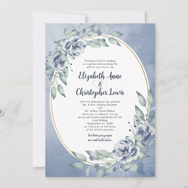 Convites Elegant Blue Watercolor Floral Oval Frame Wedding (Frente)
