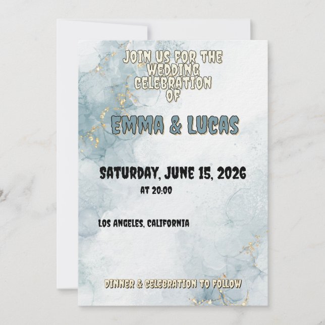 Convites Elegant Blue Watercolor & Gold Wedding Invitation (Frente)