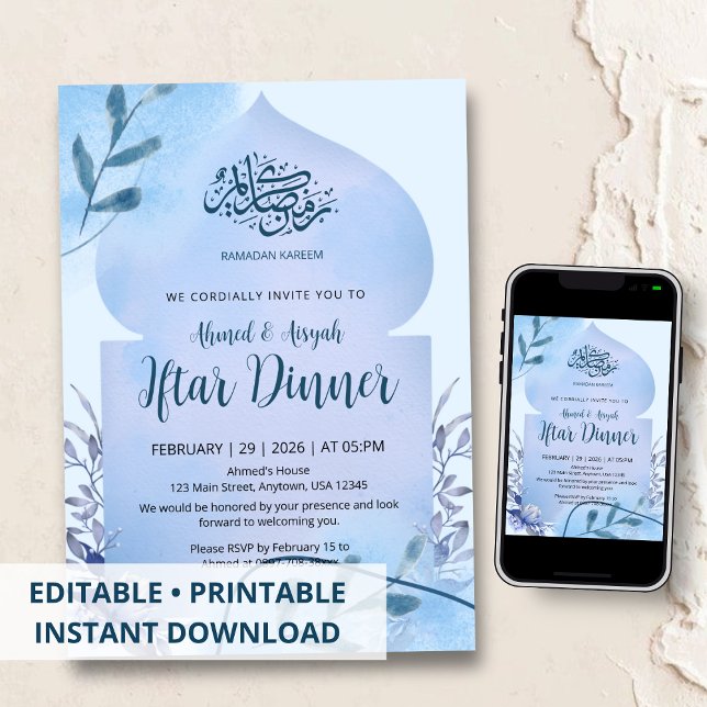 Convites Elegant Blue Watercolor Islamic Iftar Dinner (Criador carregado)