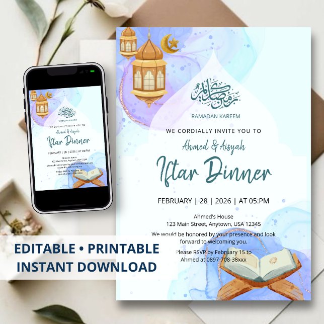 Convites Elegant Blue Watercolor Ramadan Iftar Dinner (Criador carregado)