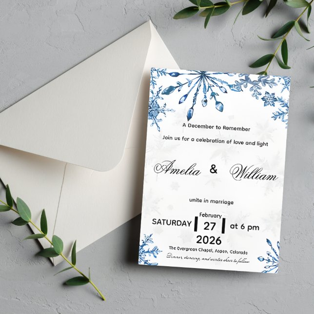 Convites Elegant Blue Watercolor Snowflake Wedding Invite (Criador carregado)