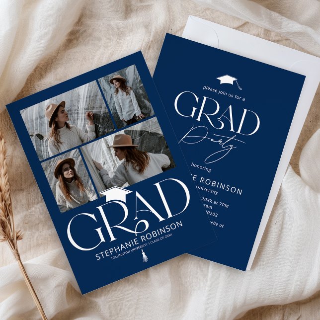 Convites Elegant Blue & White 4 Photo Graduation Party (Criador carregado)