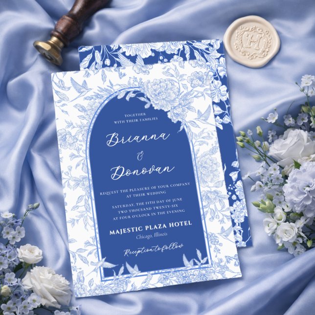 Convites Elegant Blue & White Botanical Bird Wedding (Criador carregado)
