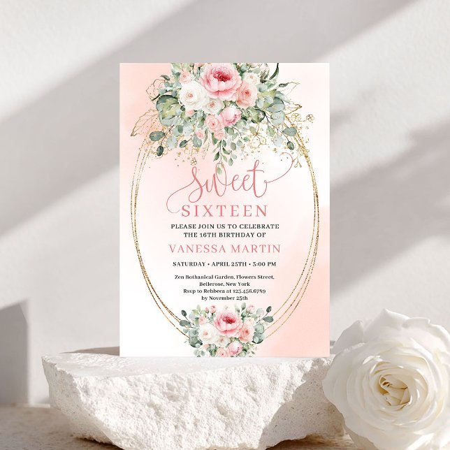 Convites Elegant Blush and Gold Floral Sweet Sixteen Invite (Elegant Blush and Gold Floral Sweet Sixteen Invite)