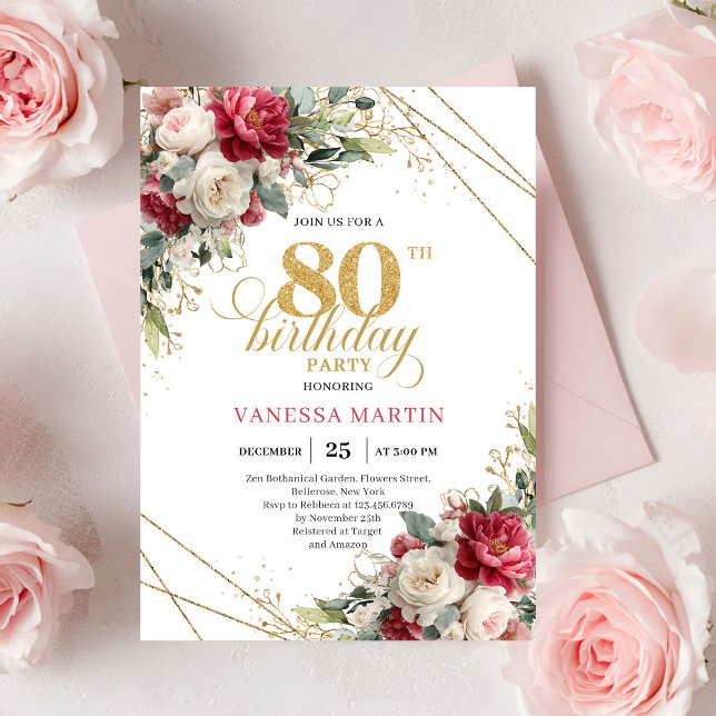 Convites Elegant Blush Burgundy Floral 80th Birthday Invite (Elegant Blush Burgundy Floral 80th Birthday Invite)
