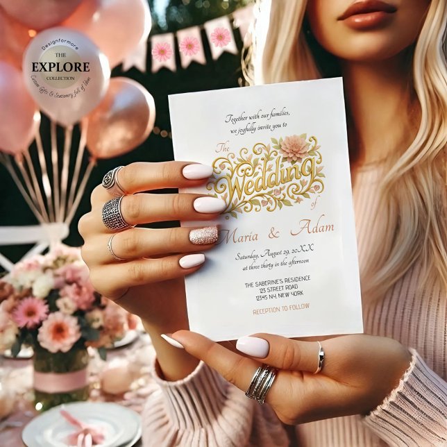 Convites Elegant Blush Dahlias Golden Script Wedding (Criador carregado)