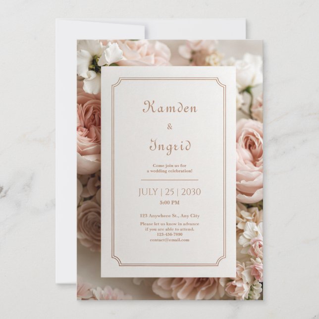 Convites Elegant Blush Floral Bronze Ticket Frame Wedding (Frente)