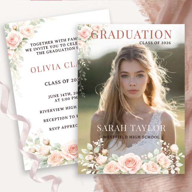 Convites Elegant Blush Floral Graduation Photo (Criador carregado)