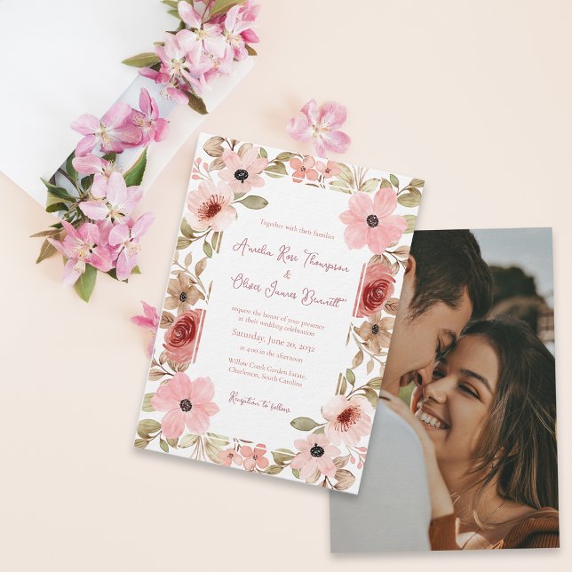 Convites Elegant Blush Floral Photo Wedding Invitation (Elegant Blush Floral Photo Wedding Invitation)