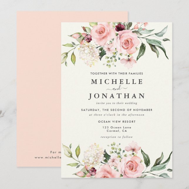 Convites Elegant Blush Floral Wedding Invitation - Cream (Frente/Verso)