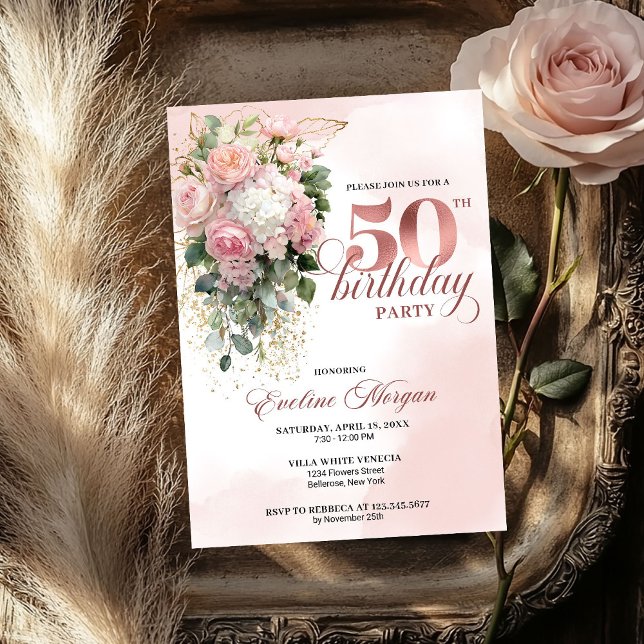 Convites Elegant Blush Greenery Rose Gold 50th Birthday  (Elegant Blush Greenery Rose Gold 50th Birthday Invite)