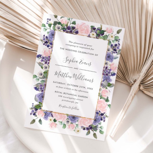 Convites Elegant Blush & Lavender Floral Gold Wedding  (Elegant Blush & Lavender Floral Wedding Invitation)
