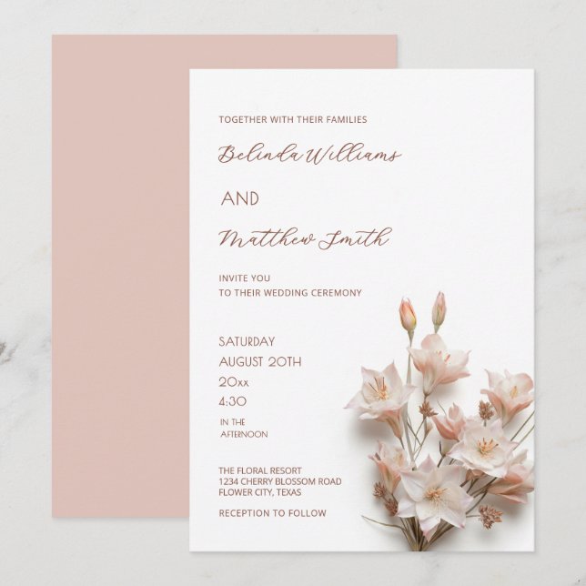 Convites Elegant Blush Pink 3D Flowers  (Frente/Verso)