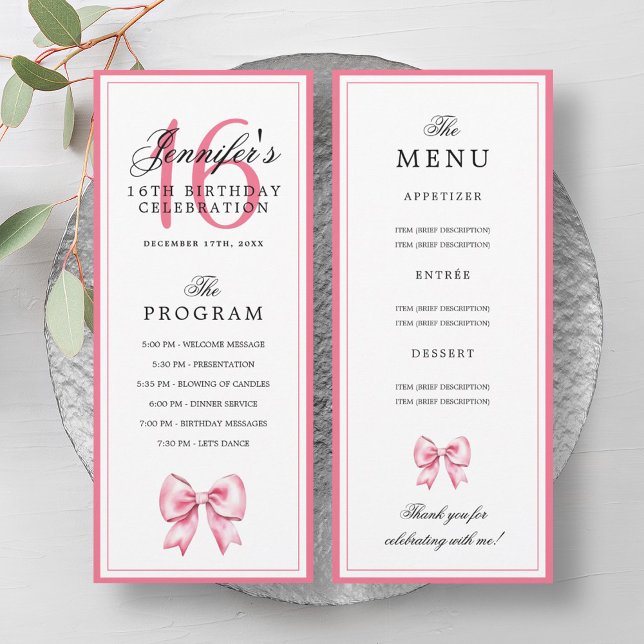 Convites Elegant Blush Pink Bow 16th Birthday Program Menu  (Elegant Blush Pink Bow 16th Birthday Program Menu)
