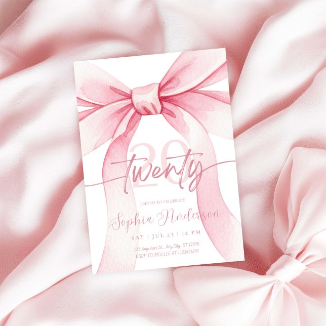 Convites Elegant Blush Pink Bow 20th Birthday (Criador carregado)