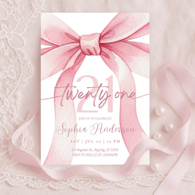 Convites Elegant Blush Pink Bow 21th Birthday (Criador carregado)
