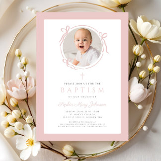 Convites Elegant Blush Pink Bow Photo Baptism