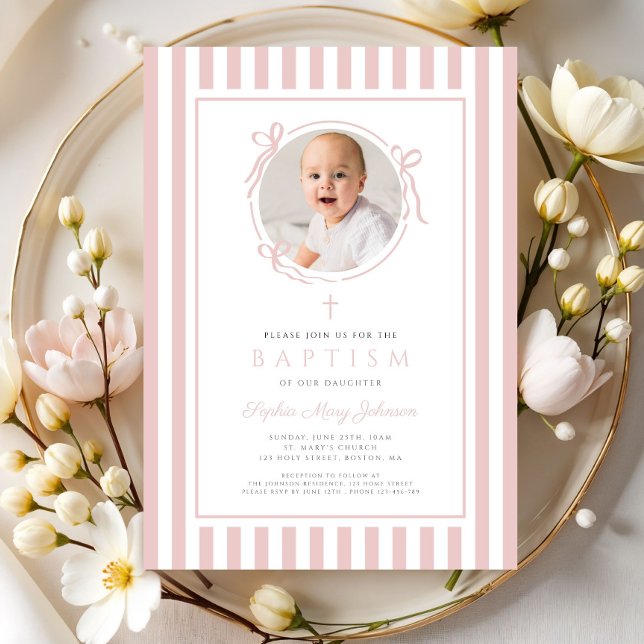 Convites Elegant Blush Pink Bow Photo Girl Baptism (Elegant Blush Pink Bow Photo Girl Baptism Invitation)