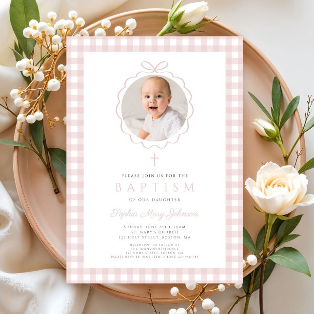 Convites Elegant Blush Pink Bow Photo Girl Baptism (Elegant Blush Pink Bow Photo Girl Baptism Invitation)