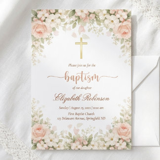 Convites Elegant Blush Pink Floral Gold Cross Baptism