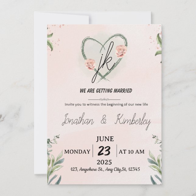 Convites Elegant Blush Pink Floral Wedding Invite (Frente)