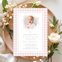 Elegant Blush Pink Gingham Photo Girl Baptism