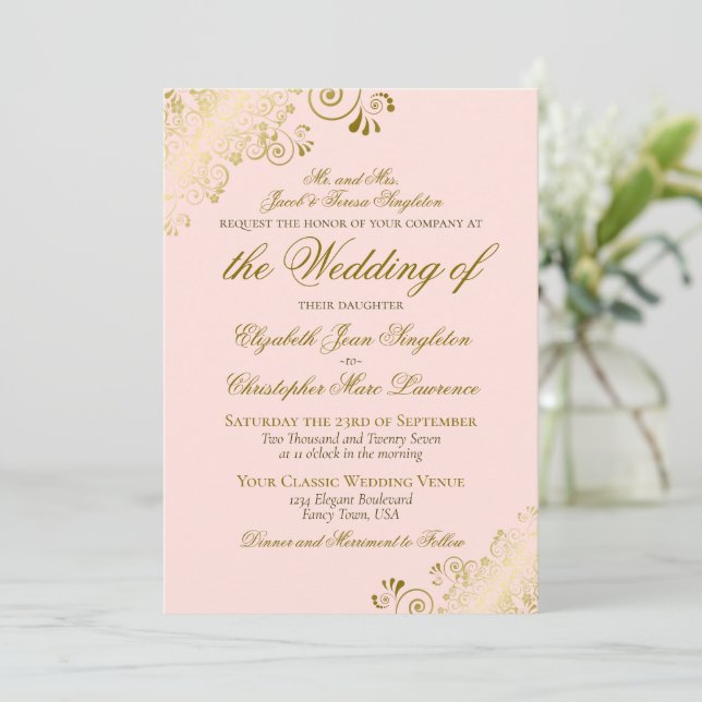 Convites Elegant Blush Pink & Gold Classic Formal Wedding (Em pé/Frente)