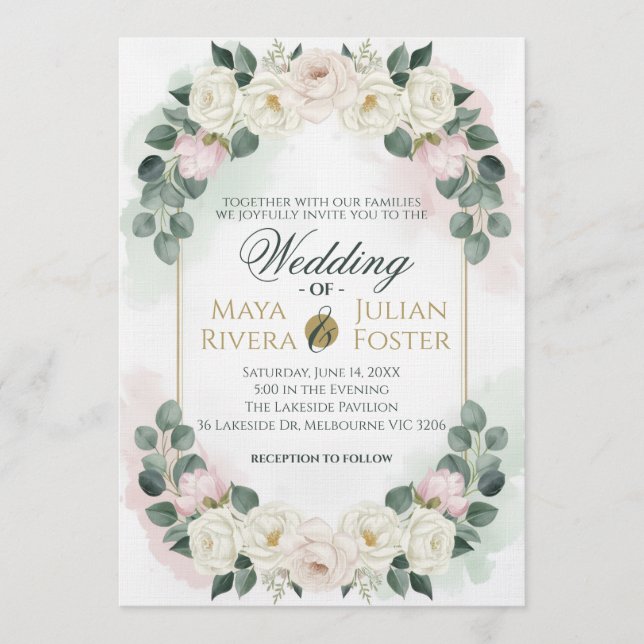 Convites Elegant Blush Pink & Green Floral Wedding Invitati (Frente)