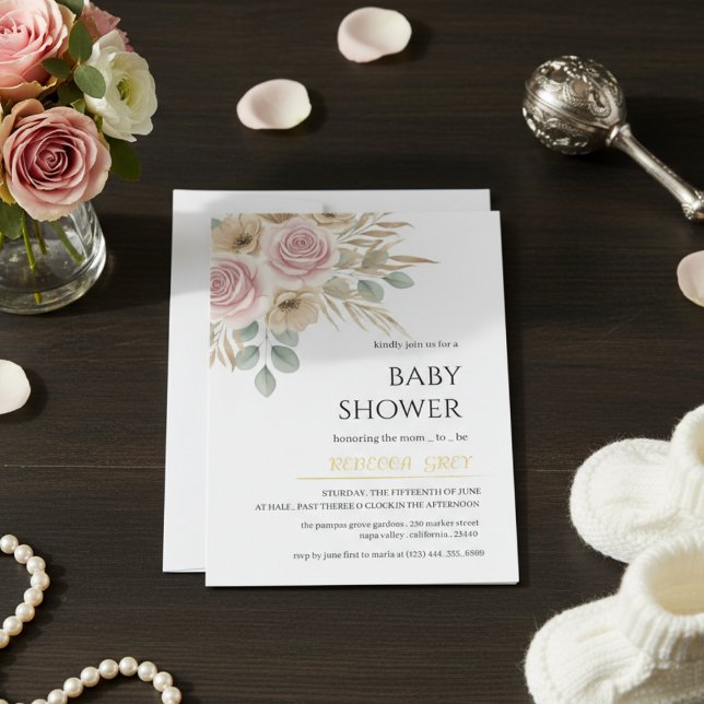 Convites Elegant Blush Pink & Neutral Floral Baby Shower  (Criador carregado)