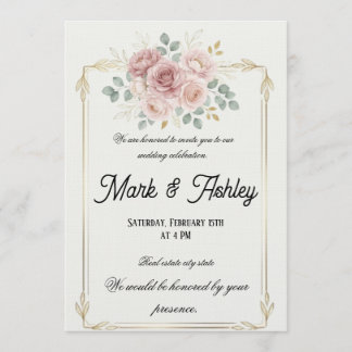 Convites Elegant Blush Rose & Gold Frame Wedding Invitation